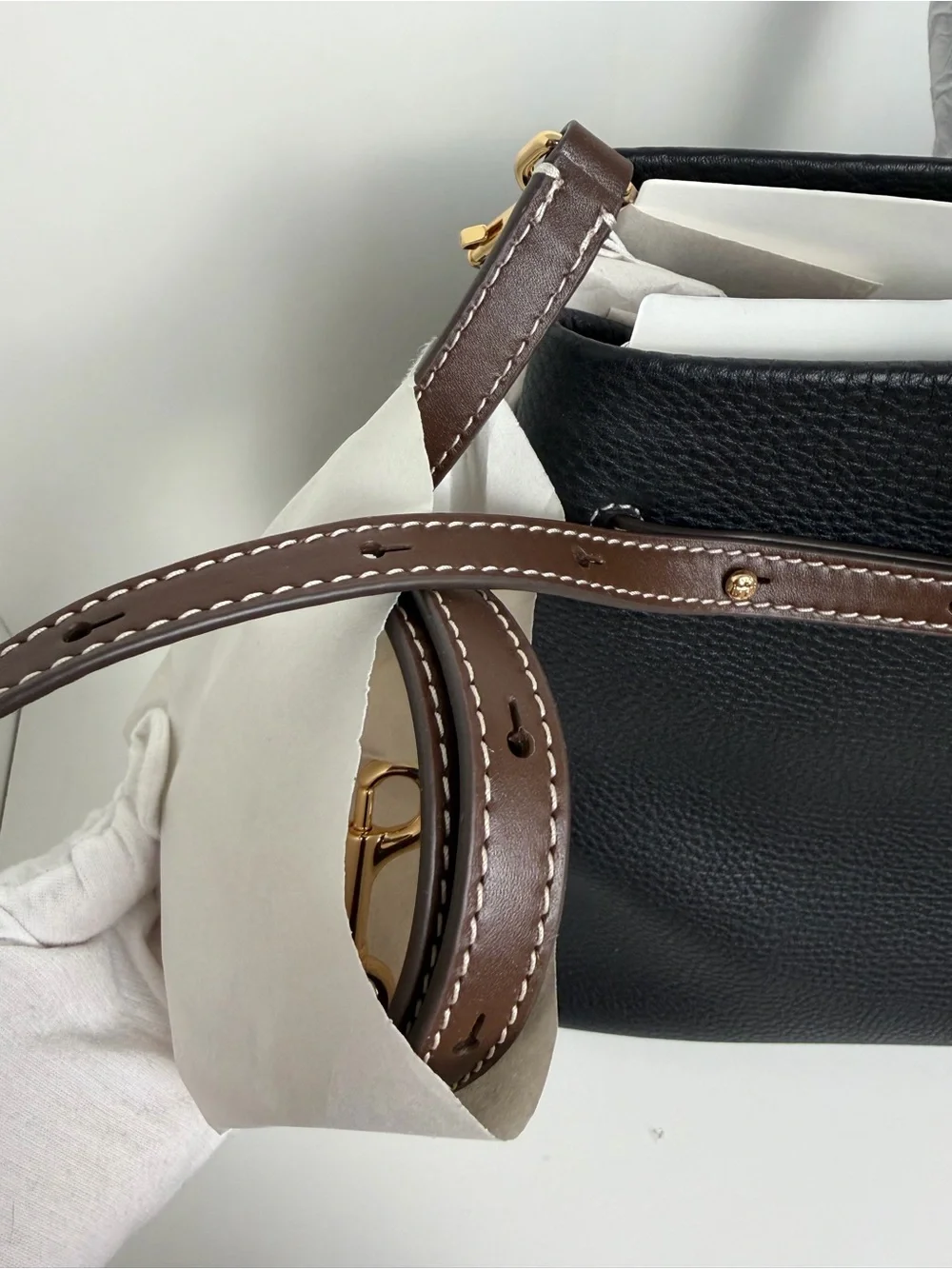 Tory Burch Black Leather Tote with Brown Trim